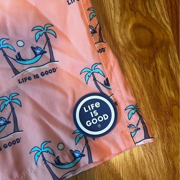 Life Is Good Mens Swim Trunks Board Shorts Drawstring Palm Tree Print Coral XL - Picture 4 of 8